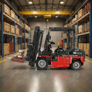 Wózek widłowy w magazynie od boku