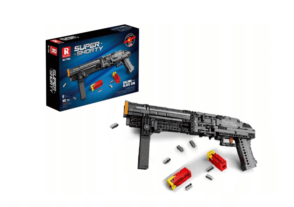 Złożony z klocków technicznych model strzelby Reobrix 77002 w czarno-brązowej kolorystyce.