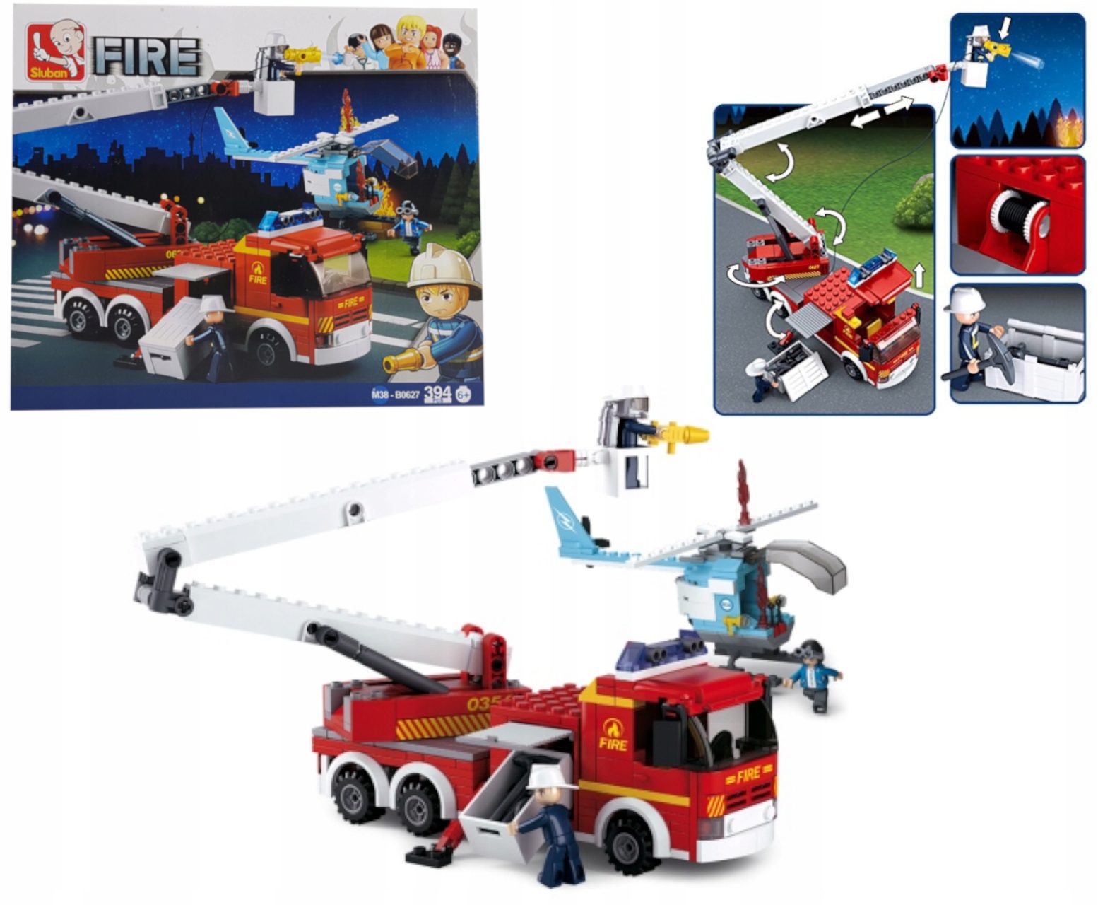 Złożony z klocków Sluban M38-B0627 czerwony wóz strażacki z drabiną oraz helikopter ratowniczy z czterema figurkami.
