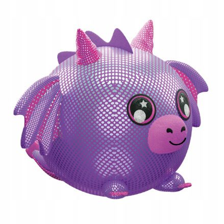 Duża, okrągła, fioletowa maskotka w kształcie smoka, częściowo wyskakująca z kolorowego pudełka z logo Cobi Biggies.