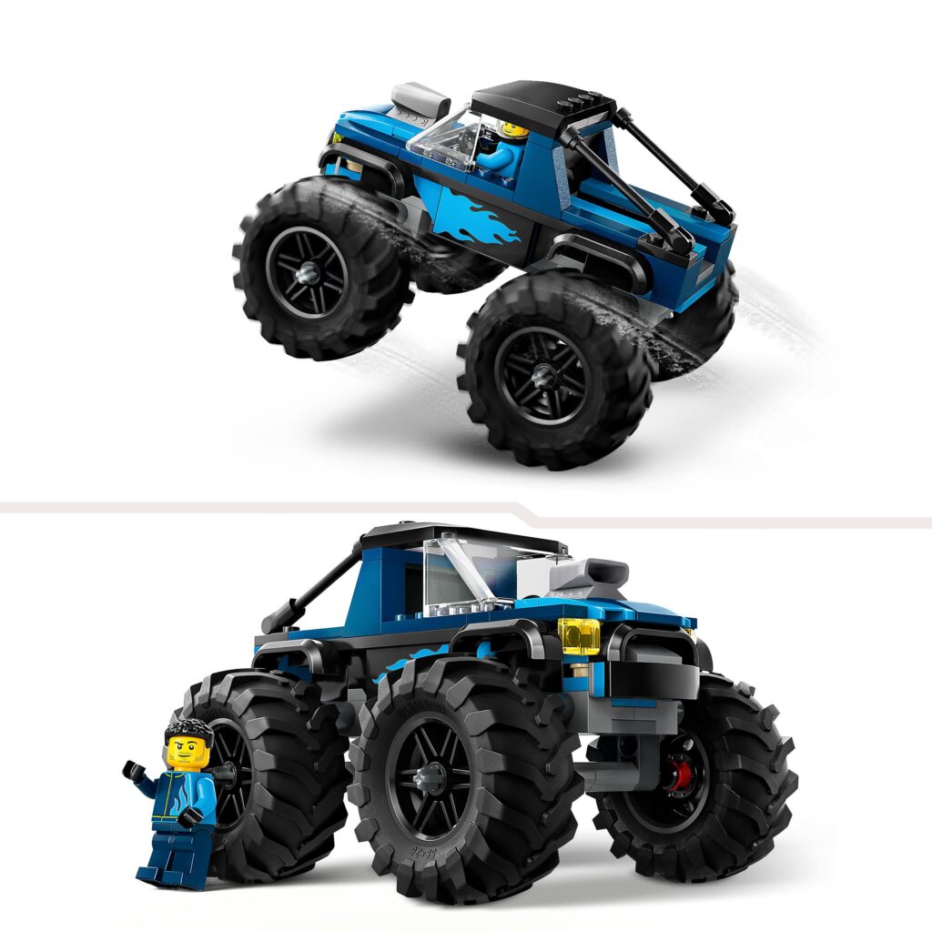 Złożony z klocków LEGO 60402 niebieski monster truck z ogromnymi kołami i minifigurką kierowcy w kabinie.