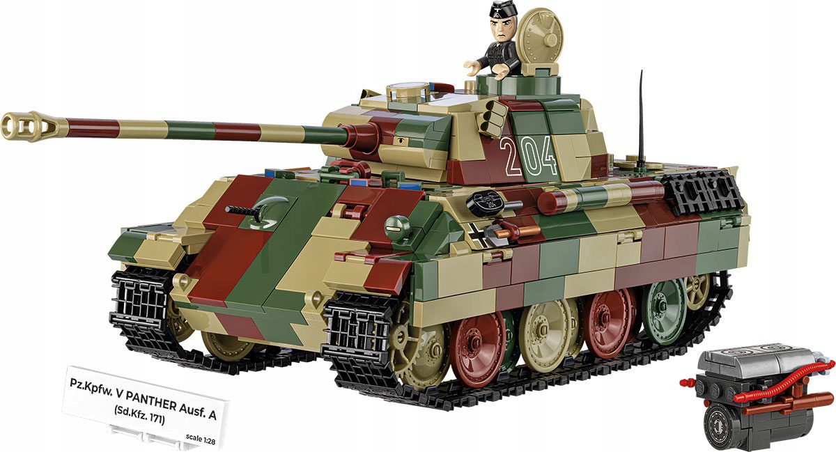Złożony z klocków Cobi 2654 duży model niemieckiego czołgu Panther V Ausf. A w kamuflażu, z figurką żołnierza