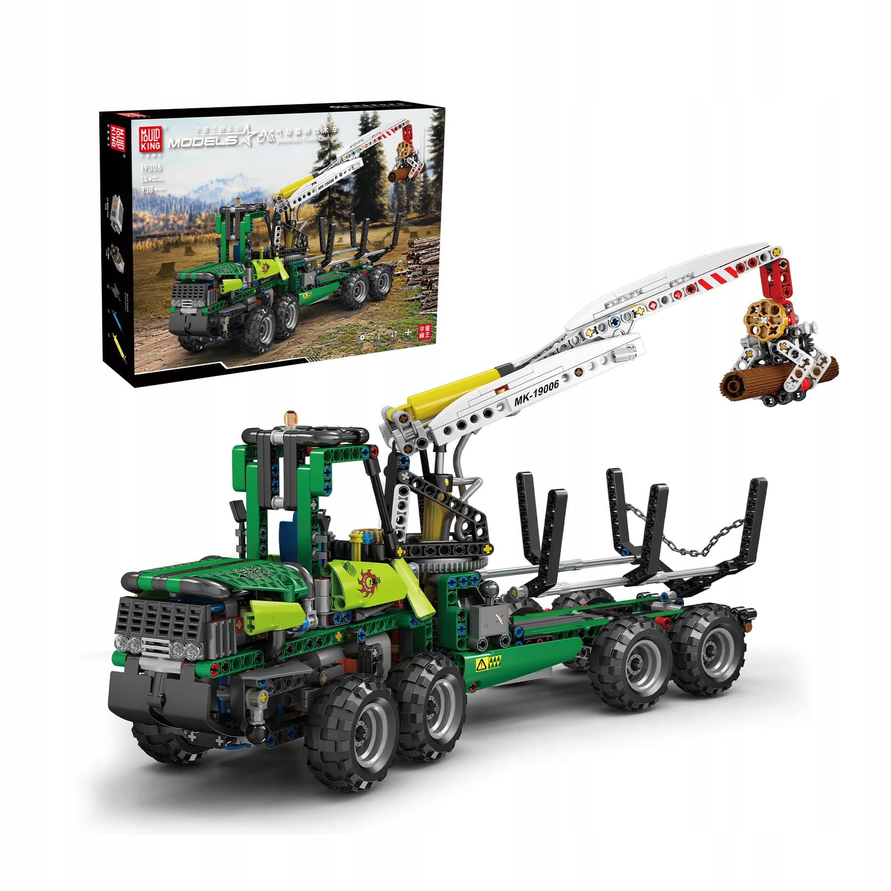Klocki Mould King 19006 żuraw leśny od frontu z kartonem w tle
