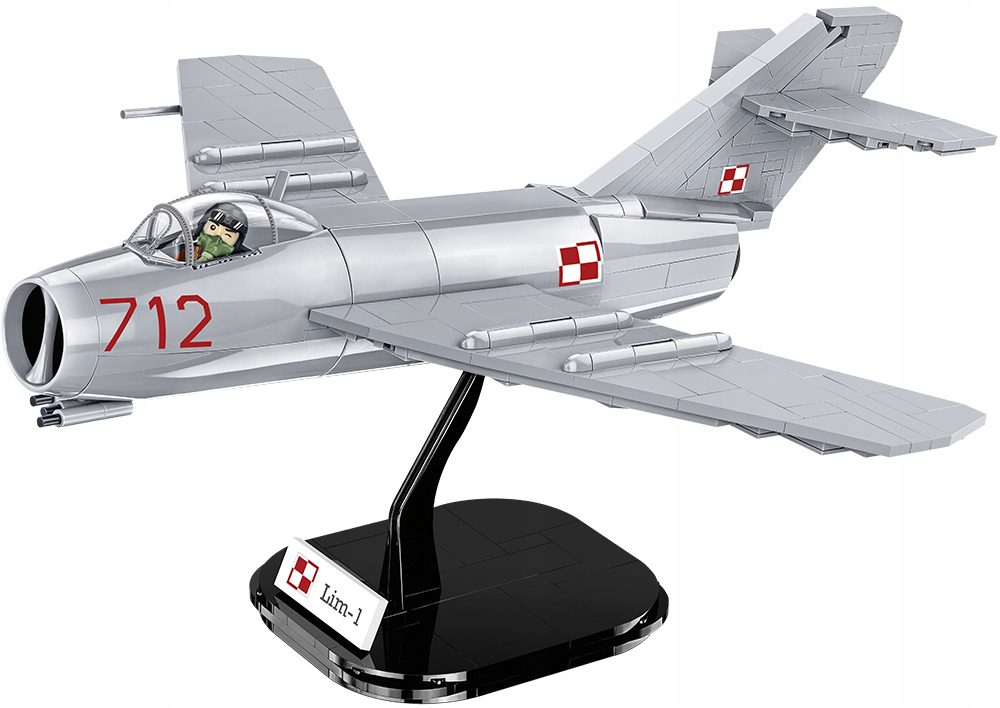 Model myśliwca odrzutowego Lim-1 (MiG-15) z polskimi szachownicami, złożony z klocków Cobi 5822, ustawiony na podstawce ekspozycyjnej.
