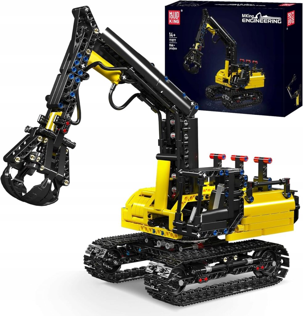 Złożony z klocków technicznych Mould King 17077 model żółtej koparki obrotowej z funkcjonalnym chwytakiem.