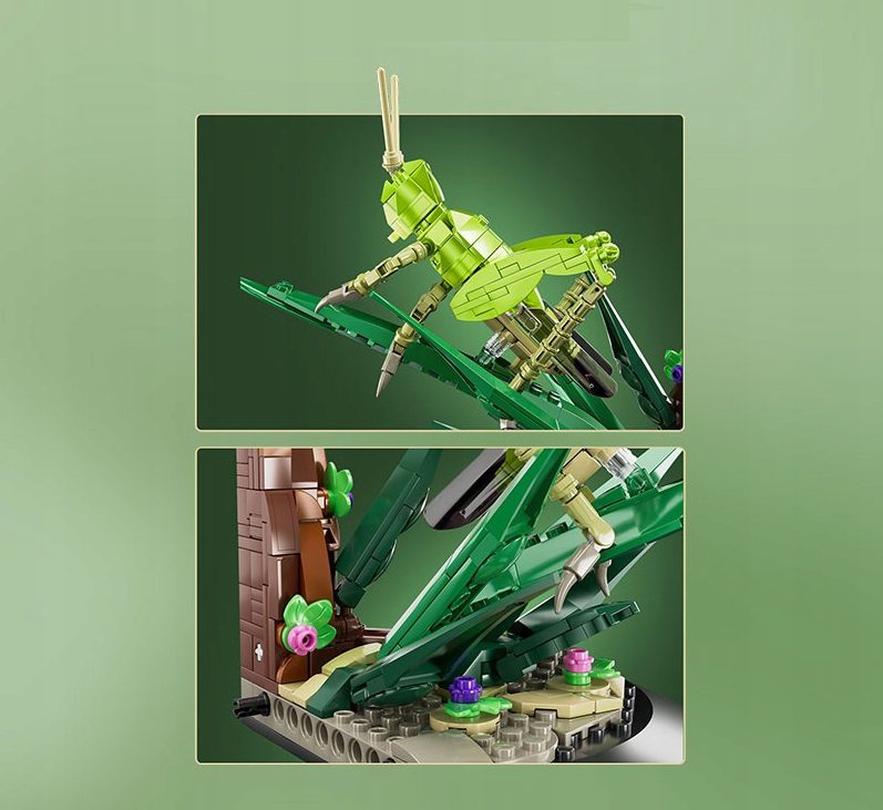 Złożony z klocków Mould King 10175 model konika polnego na dekoracyjnej podstawce z kwiatami.