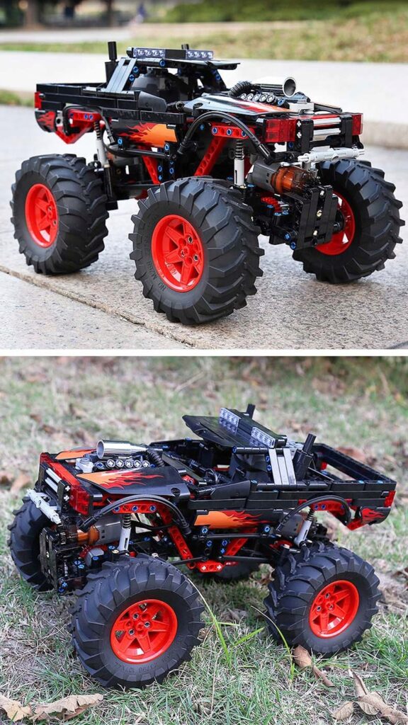 Złożony z klocków technicznych Mould King 18008 duży, zdalnie sterowany monster truck w czarno-czerwonej kolorystyce.