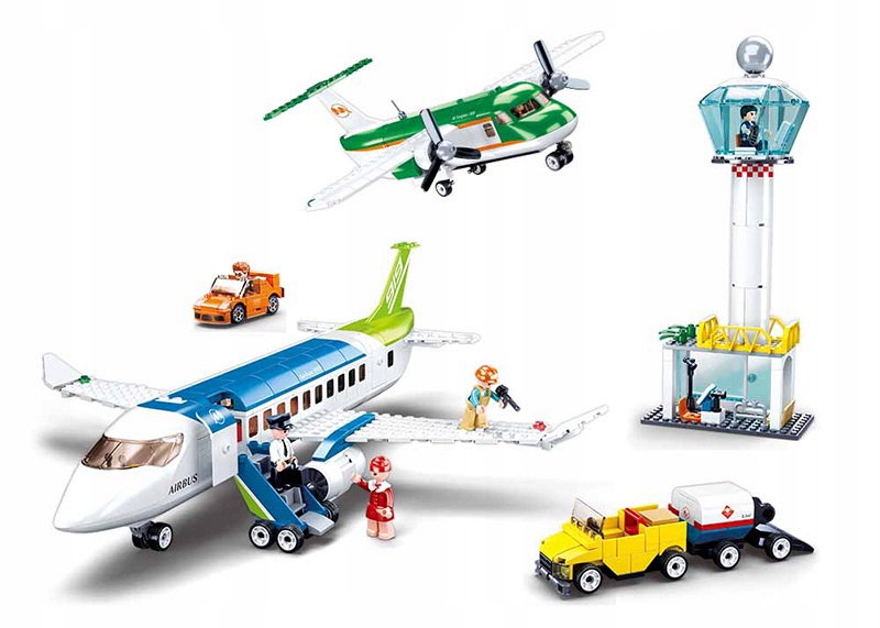 Złożony z klocków Sluban M38-B0930 duży zestaw lotniskowy: samolot pasażerski, samolot transportowy, wieża kontroli lotów, schody i 6 figurek.