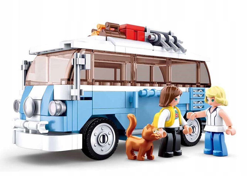 Złożony z klocków Sluban M38-B0707 niebieski kamper-bus z dwiema figurkami