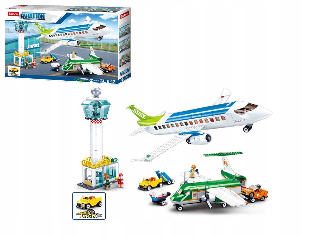 Klocki Sluban B0930 Samolot z Wieżą Lotów i Obsługą Naziemną 731 el.