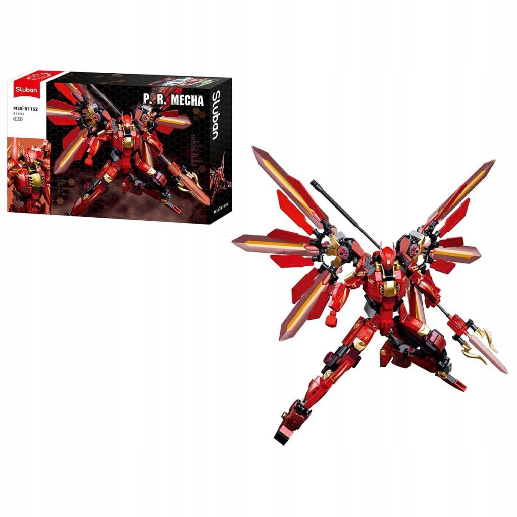 Opancerzony Robot Wojownik mech z klocków Sluban M38-B1152 z otwieranym kokpitem i figurką pilota, ustawiony w pozycji bojowej.