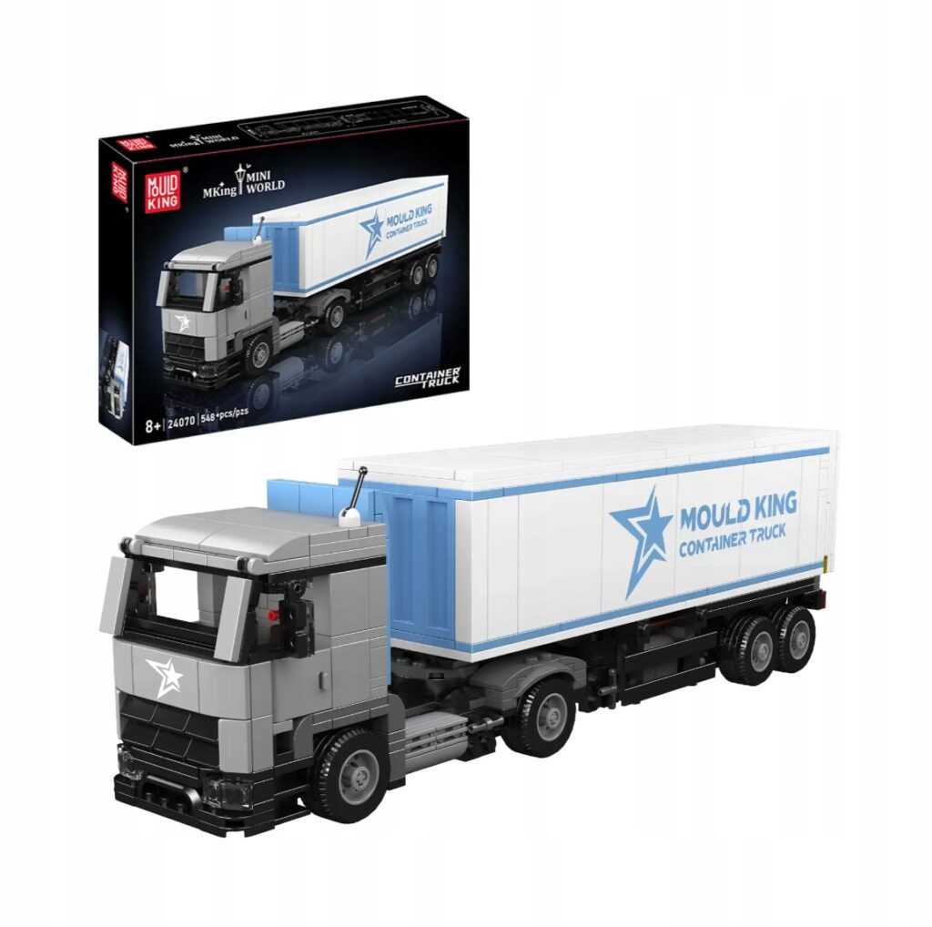 Zbudowany z klocków Mould King 24070 aerodynamiczny ciągnik siodłowy z podpiętą dużą naczepą transportową.